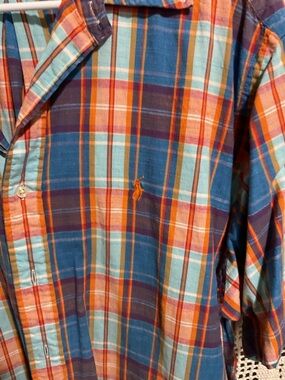 Ralph Lauren Plaid orange blue poplin button down casual shirt Large